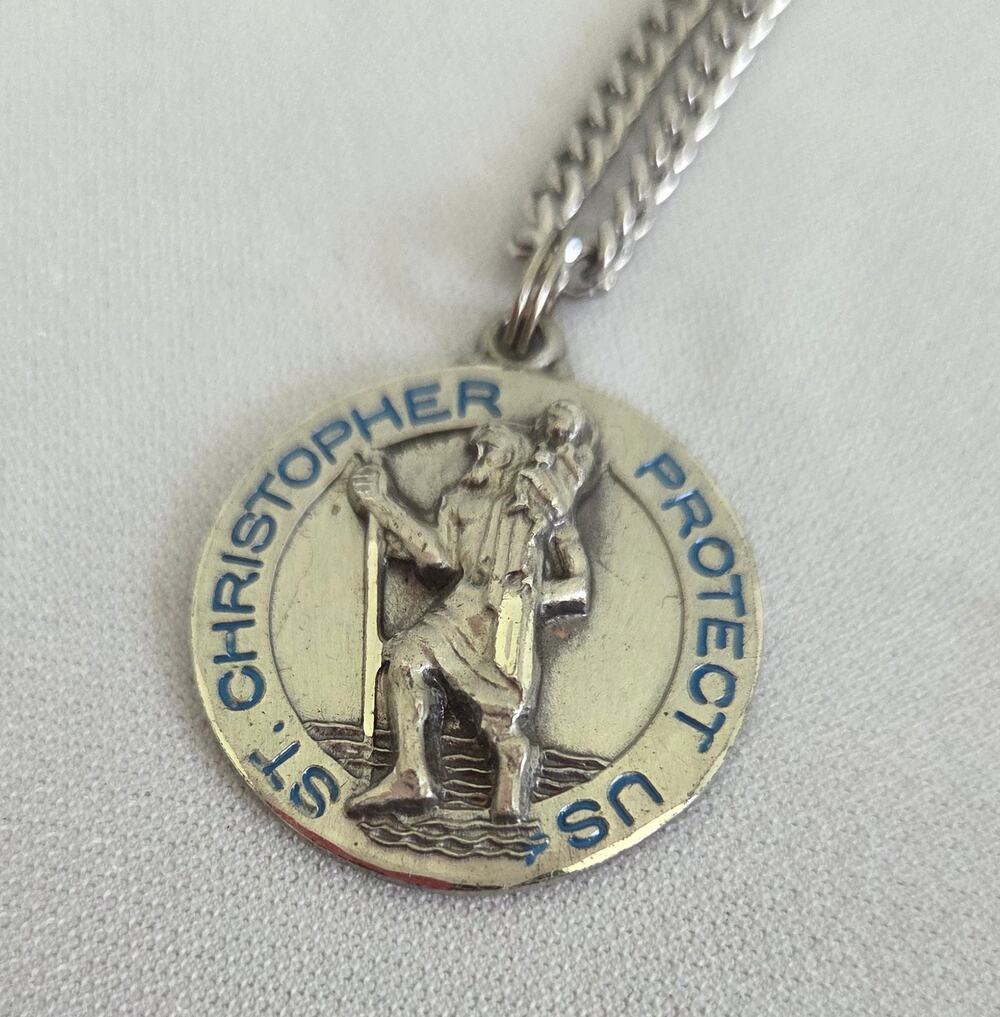 Vtg Silver St. Christopher "Protect Us" Pendant with Chain.